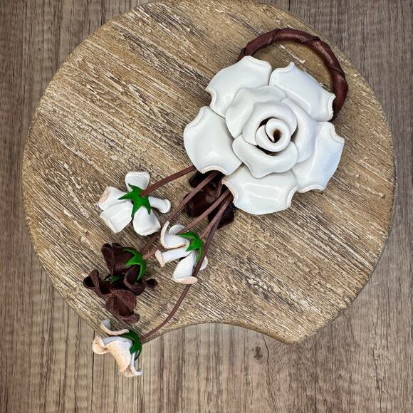 Leather White Rose Purse Charm Genuine Leather Flower Bag Charm NEW FAST SHIP - Picture 2 of 8